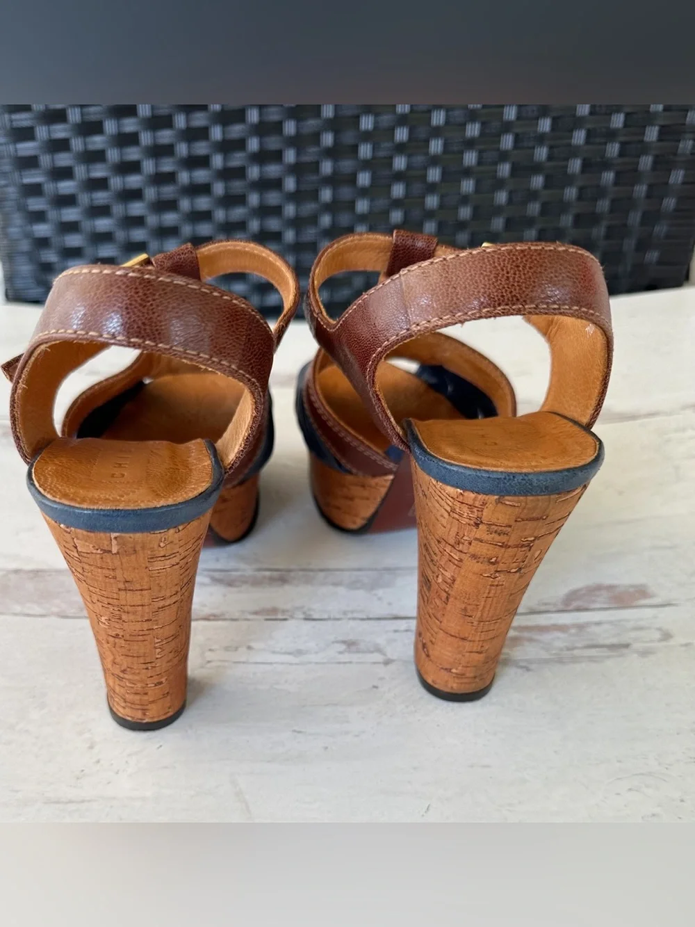 Chie Mihara • Blue Brown Colorblock Cork Platform Heel Sandals